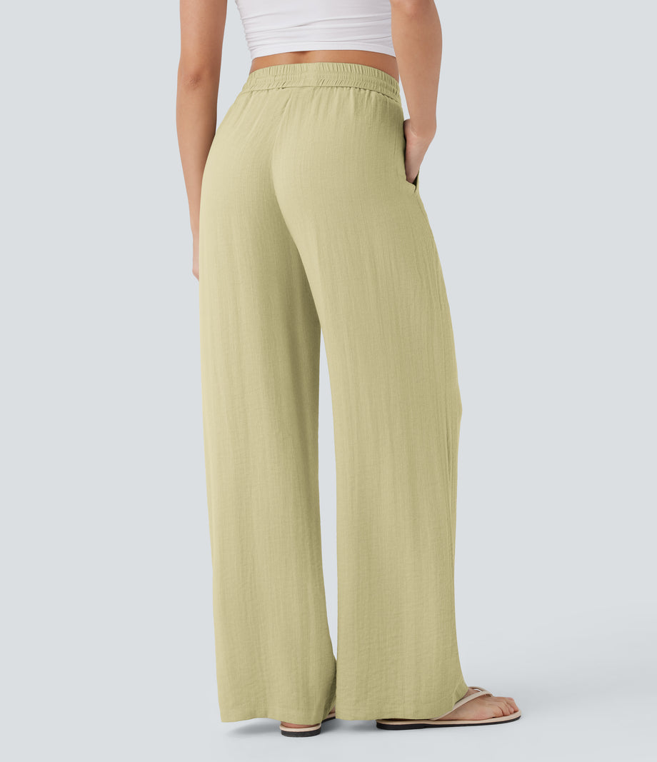 High Waisted Drawstring Pocket Wide Leg Baggy Casual Linen-Feel Pants - Golden Mist