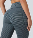 High Waisted Drawstring Striped Yoga Leggings with Pockets - Oceanic Teal