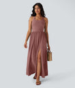 Twisted Backless Split Flowy Maxi Resort Dress with Pockets - Brick Red Mix