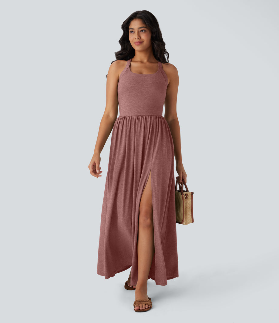 Twisted Backless Split Flowy Maxi Resort Dress with Pockets - Brick Red Mix