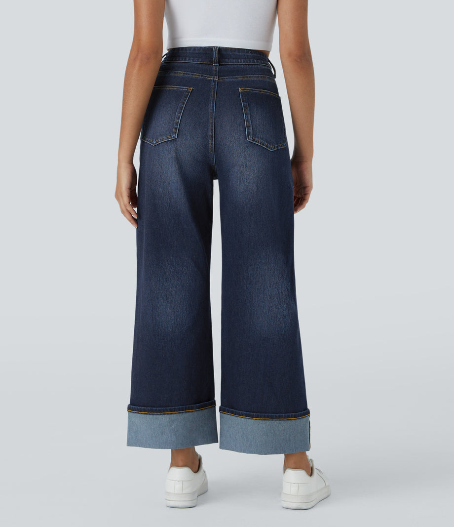 Halara Flex™ High Waisted Pockets Rolled Hem Wide Leg Washed Casual Jeans - Distressed Denim Dark Blue