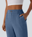 High Waisted Zipper Pocket Cropped Linen-Feel Pants - Blue Horizon