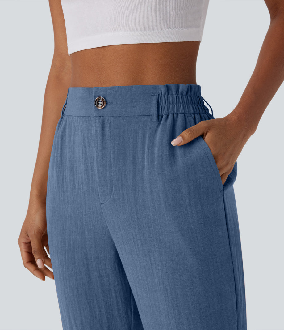 High Waisted Zipper Pocket Cropped Linen-Feel Pants - Blue Horizon