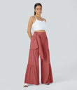 Breezeful™ High Waisted Shirred Tie Front & Back Wide Leg Flowy Quick Dry Casual Pants - Flame Red