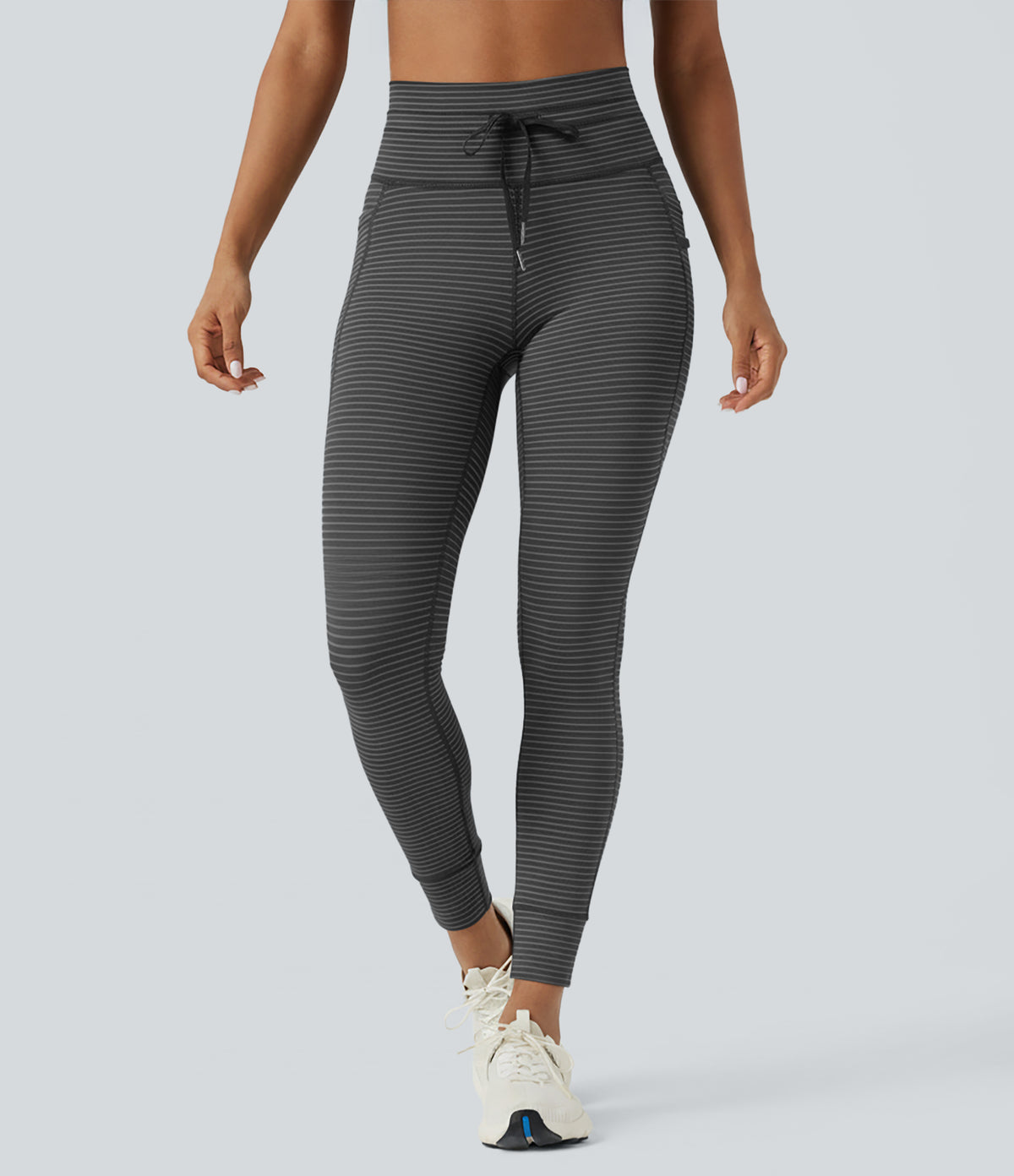 High Waisted Drawstring Striped Yoga Leggings with Pockets - Iron Gray
