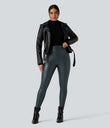 High Waisted Stretchy PU Fleece Casual Leggings with Pockets - Stratified Sea
