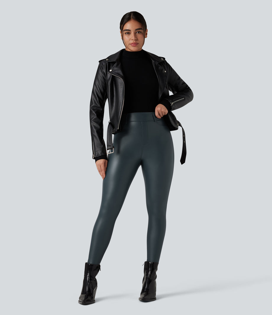 High Waisted Stretchy PU Fleece Casual Leggings with Pockets - Stratified Sea