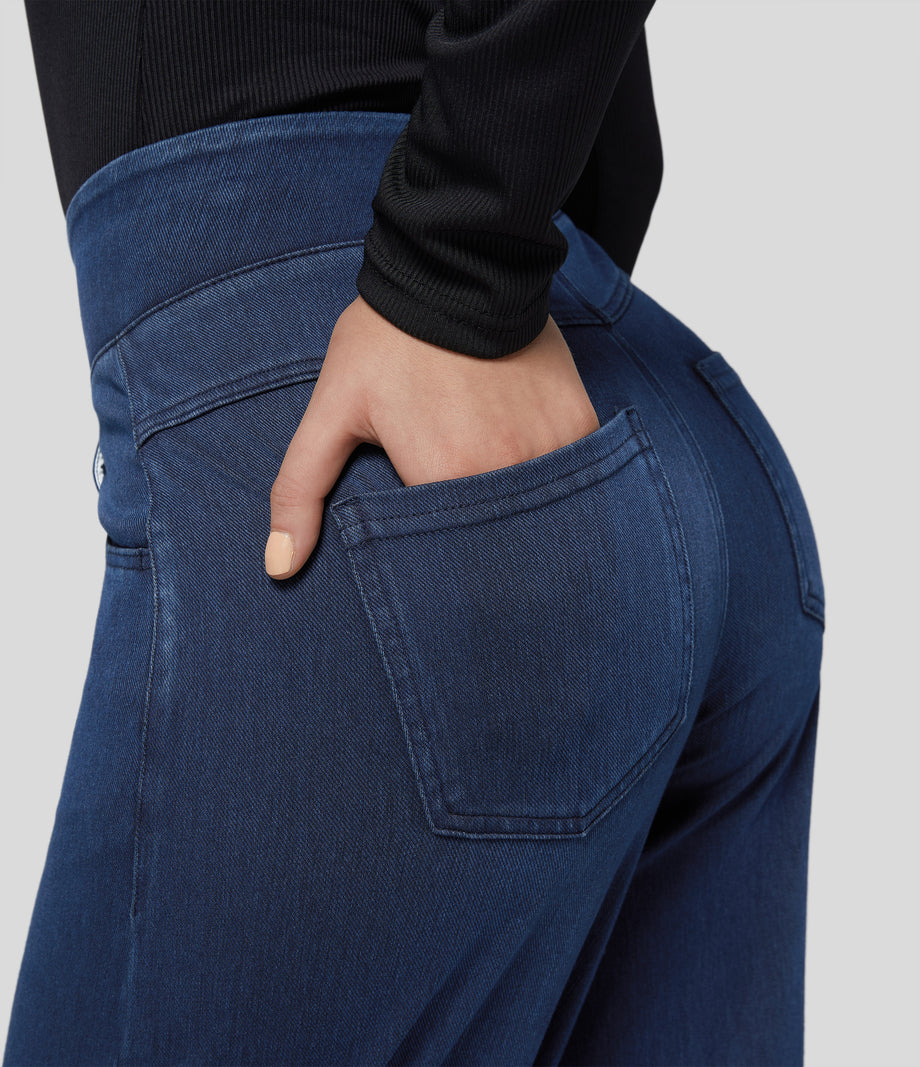 Halara Flex™ High Waisted Pockets Wide Leg Loose Work Jeans - Washed Denim Navy Blue