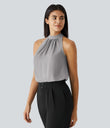 Keyhole Back Halter Sleeveless Curved Hem Work Blouse - Sandalwood Grey