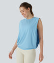 Round Neck Ruched Cool Touch Yoga Tank Top-UPF50+ - Sky Blue