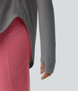 One Shoulder Long Sleeve Thumb Hole Curved Hem High Low Quick Dry Yoga Sports Top-Built-in Bra - Steel Gray