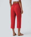 High Waisted Zipper Pocket Cropped Linen-Feel Pants - High Risk Red