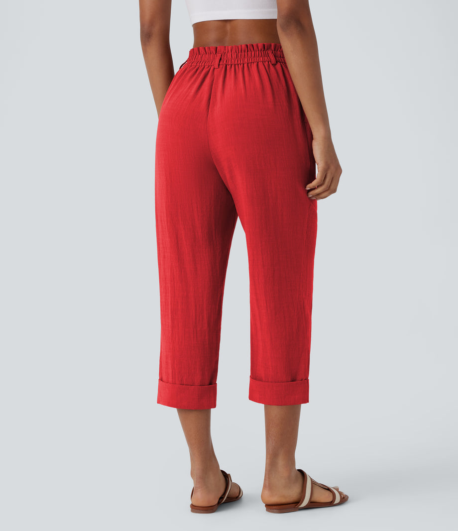 High Waisted Zipper Pocket Cropped Linen-Feel Pants - High Risk Red