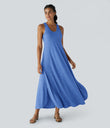 U Neck Flowy Maxi Casual Tank Dress - Sky Blue Floral Yarn