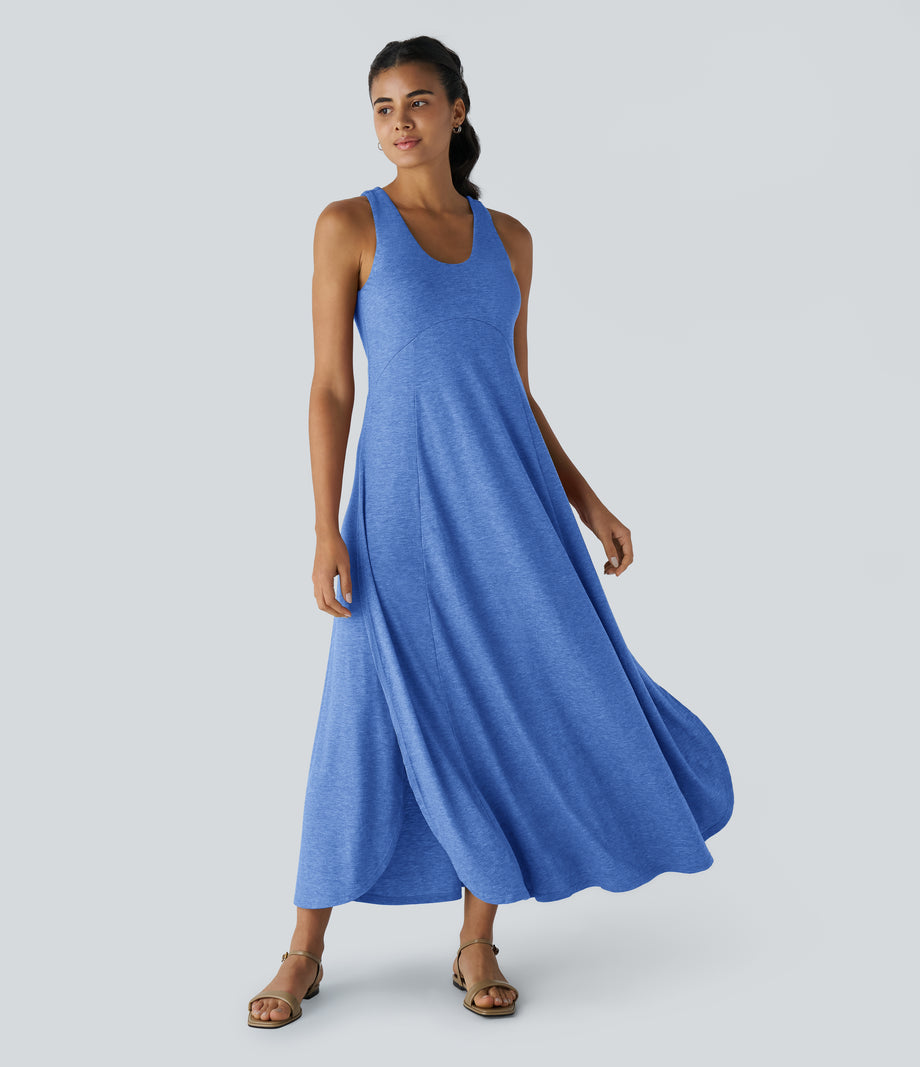 U Neck Flowy Maxi Casual Tank Dress - Sky Blue Floral Yarn