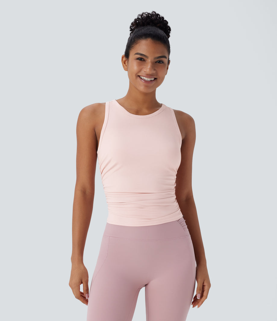 Round Neck Racerback Ruched Yoga Tank Top - Veiled Pink
