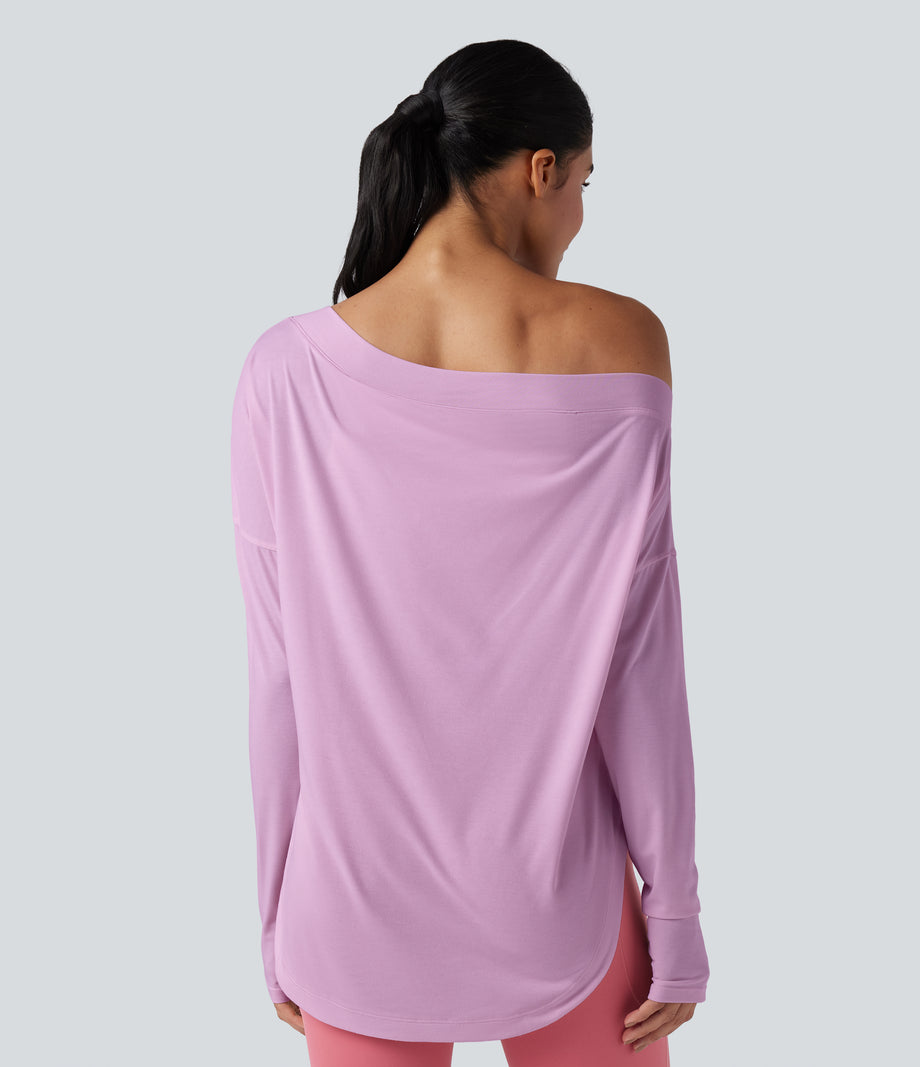 One Shoulder Long Sleeve Thumb Hole Curved Hem High Low Quick Dry Yoga Sports Top-Built-in Bra - Orchid Bouquet