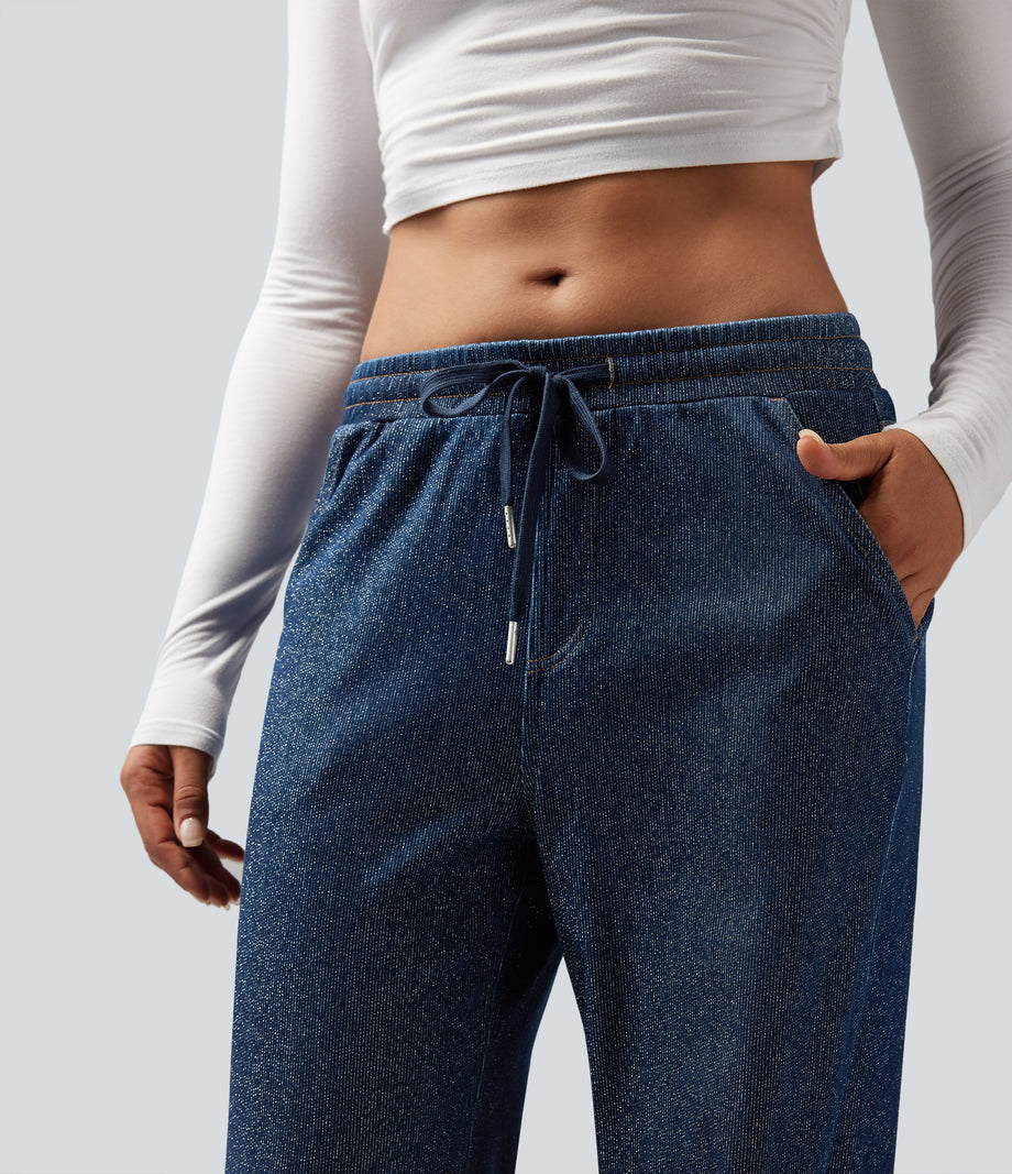 Halara Flex™ Low Rise Drawstring Wide Leg Sparkle Casual Sweatpants Jeans with Pockets - Pageant Blue Denim