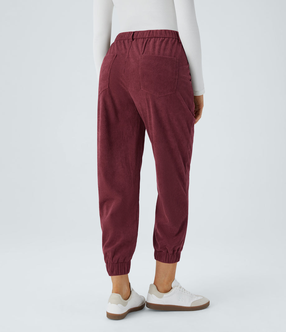 Mid Rise Zipper Pockets Corduroy Casual Joggers - Pomegranate