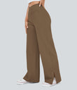 DayStretch Crossover Pocket Hem Wide Leg Yoga Pants-Smile - Sepia