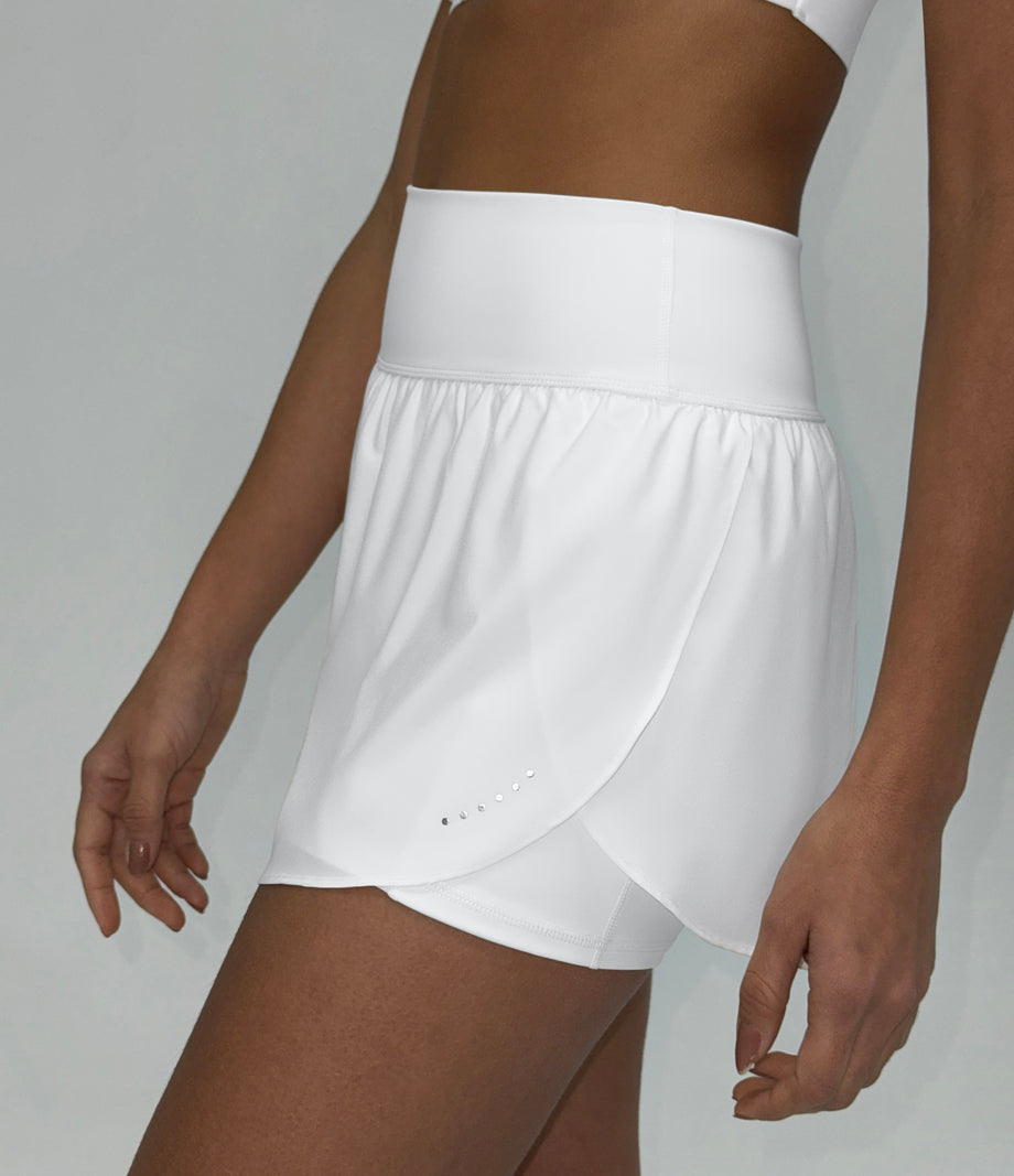 SoftlyZero™ QuickDry High Waisted Tummy Control Reflective Dots Crossover Hem 2-in-1 Running Shorts 3'' with Pockets - White