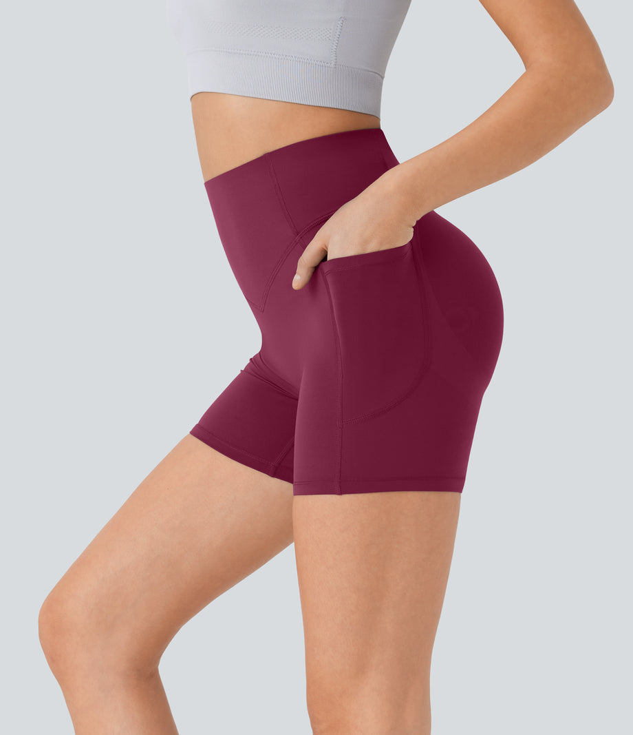 Halara UltraSculpt™ High Waisted Scrunch Butt Lifting Tummy Control Pocket Shaping Workout Biker Shorts 5'' - Red Plum
