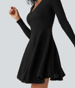 Ribbed Knit V Neck Long Sleeve Flare Mini Casual Dress with Pockets - Black