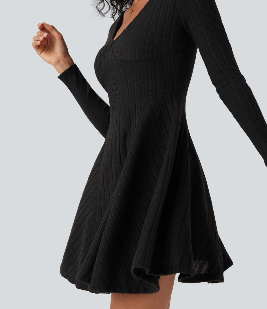 Ribbed Knit V Neck Long Sleeve Flare Mini Casual Dress with Pockets - Black