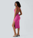 Ruched Lace Up Bodycon Midi Casual Dress - Fuchsia Fedora