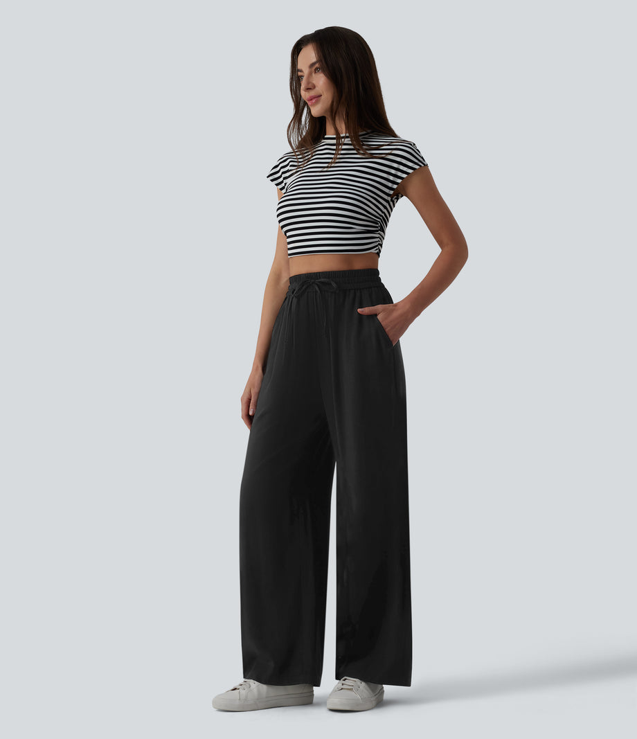 High Waisted Drawstring Wide Leg Casual Linen-Blend Pants with Pockets - Black