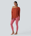 One Shoulder Long Sleeve Thumb Hole Curved Hem High Low Quick Dry Yoga Sports Top-Built-in Bra - Rooibos Tea