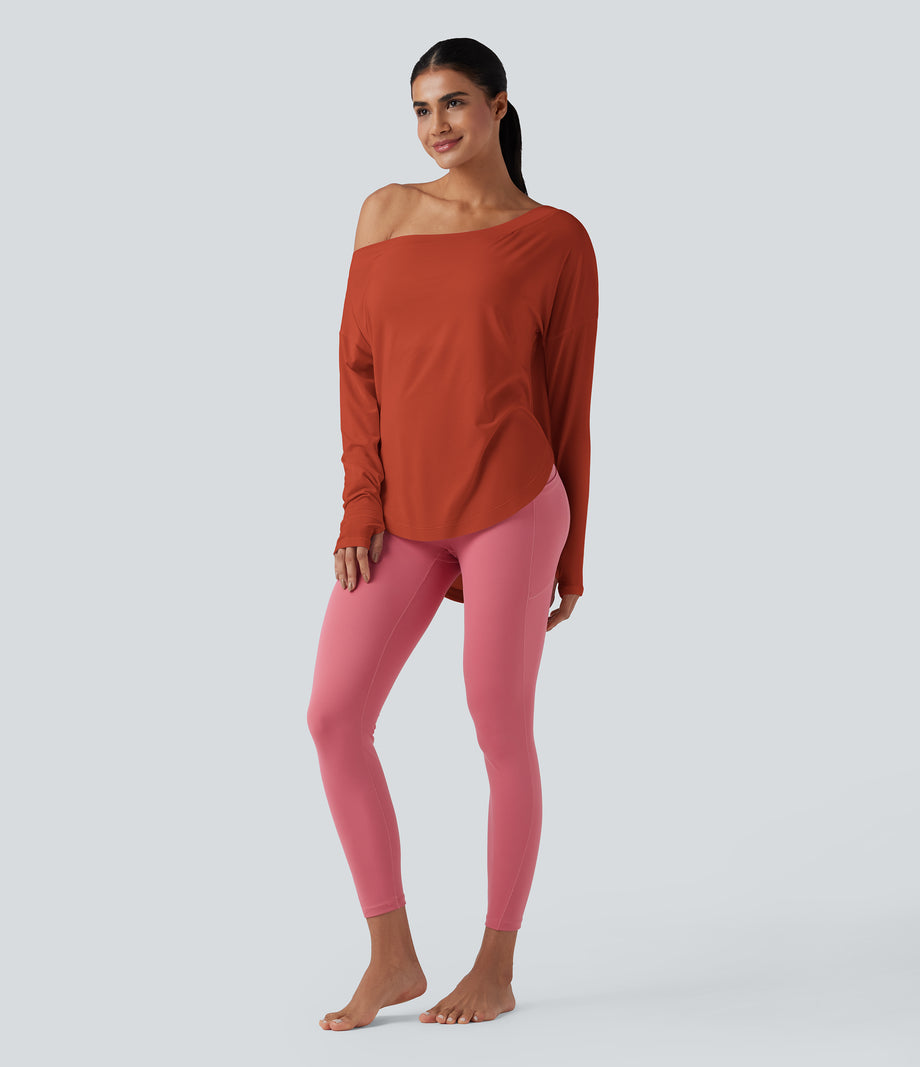 One Shoulder Long Sleeve Thumb Hole Curved Hem High Low Quick Dry Yoga Sports Top-Built-in Bra - Rooibos Tea