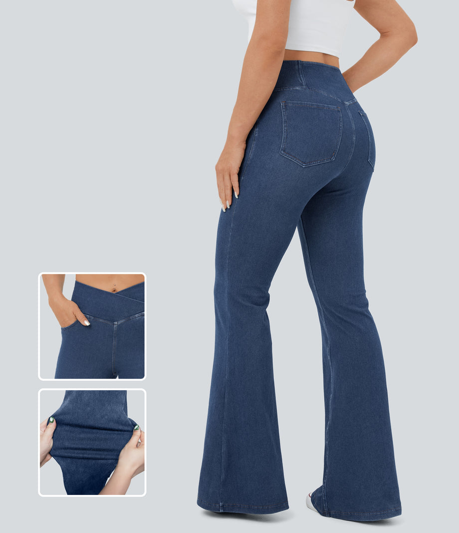 Halara Flex™ High Waisted Crossover Pocket Cool Touch Washed Casual Jeans - Light Cyan Denim