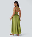 Twisted Backless Split Flowy Maxi Resort Dress with Pockets - Soft Meadow Green