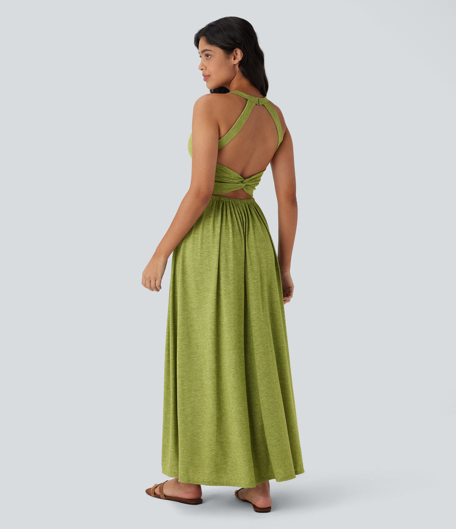 Twisted Backless Split Flowy Maxi Resort Dress with Pockets - Soft Meadow Green