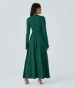 Mock-neck Long Sleeve Pocket Flare Maxi Casual Dress - Rain Forest