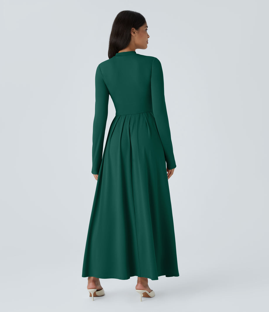 Mock-neck Long Sleeve Pocket Flare Maxi Casual Dress - Rain Forest