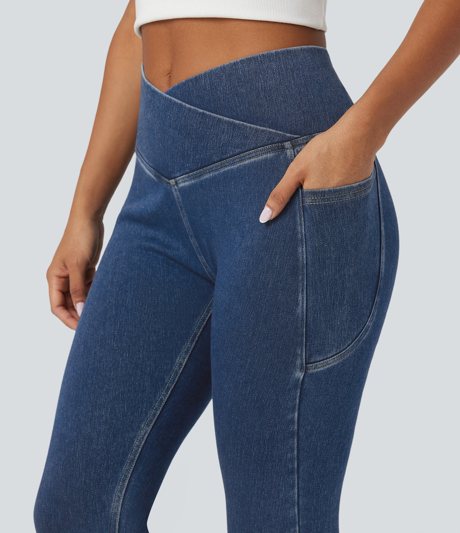 Halara Flex™ Crossover Pocket Washed Denim Work Leggings - Tide Blue Denim