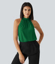 Keyhole Back Halter Sleeveless Curved Hem Work Blouse - Abundant Green