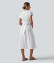 Breezeful™ V Neck Short Sleeve Pocket Tie Back Quick Dry Midi Casual Dress - White