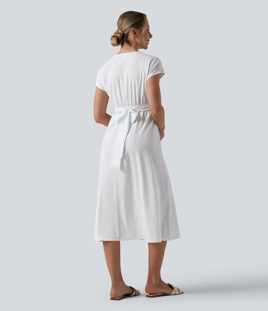Breezeful™ V Neck Short Sleeve Pocket Tie Back Quick Dry Midi Casual Dress - White
