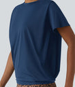 Round Neck Short Sleeve Ruched Cool Touch Yoga Sports Top-UPF50+ - Majolica Blue