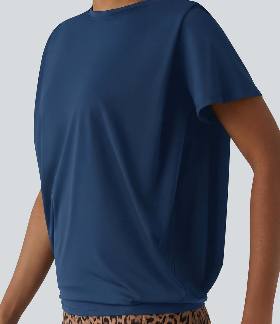 Round Neck Short Sleeve Ruched Cool Touch Yoga Sports Top-UPF50+ - Majolica Blue