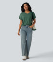 V-neck Short Sleeve Ruched Relaxed Casual Top - Emerald Floral Yarn