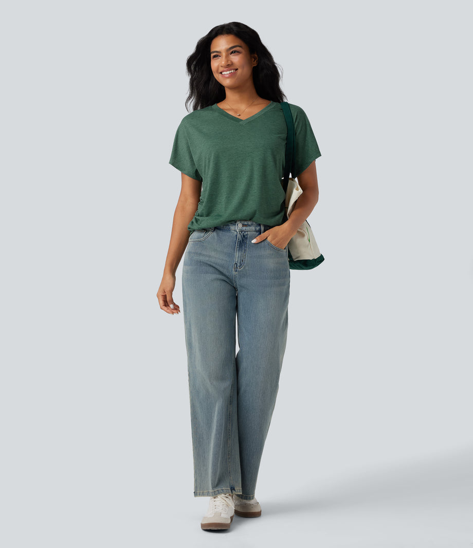 V-neck Short Sleeve Ruched Relaxed Casual Top - Emerald Floral Yarn
