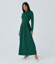 Mock-neck Long Sleeve Pocket Flare Maxi Casual Dress - Rain Forest