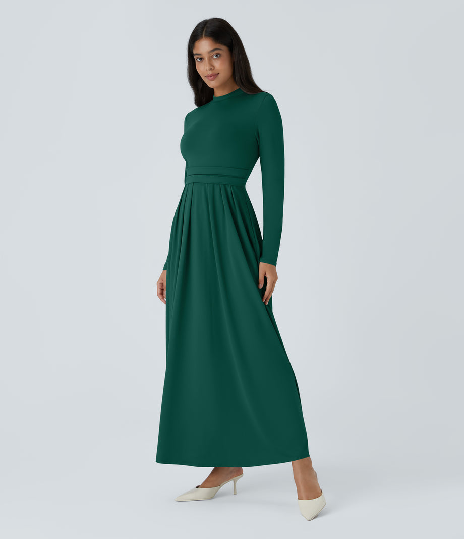 Mock-neck Long Sleeve Pocket Flare Maxi Casual Dress - Rain Forest