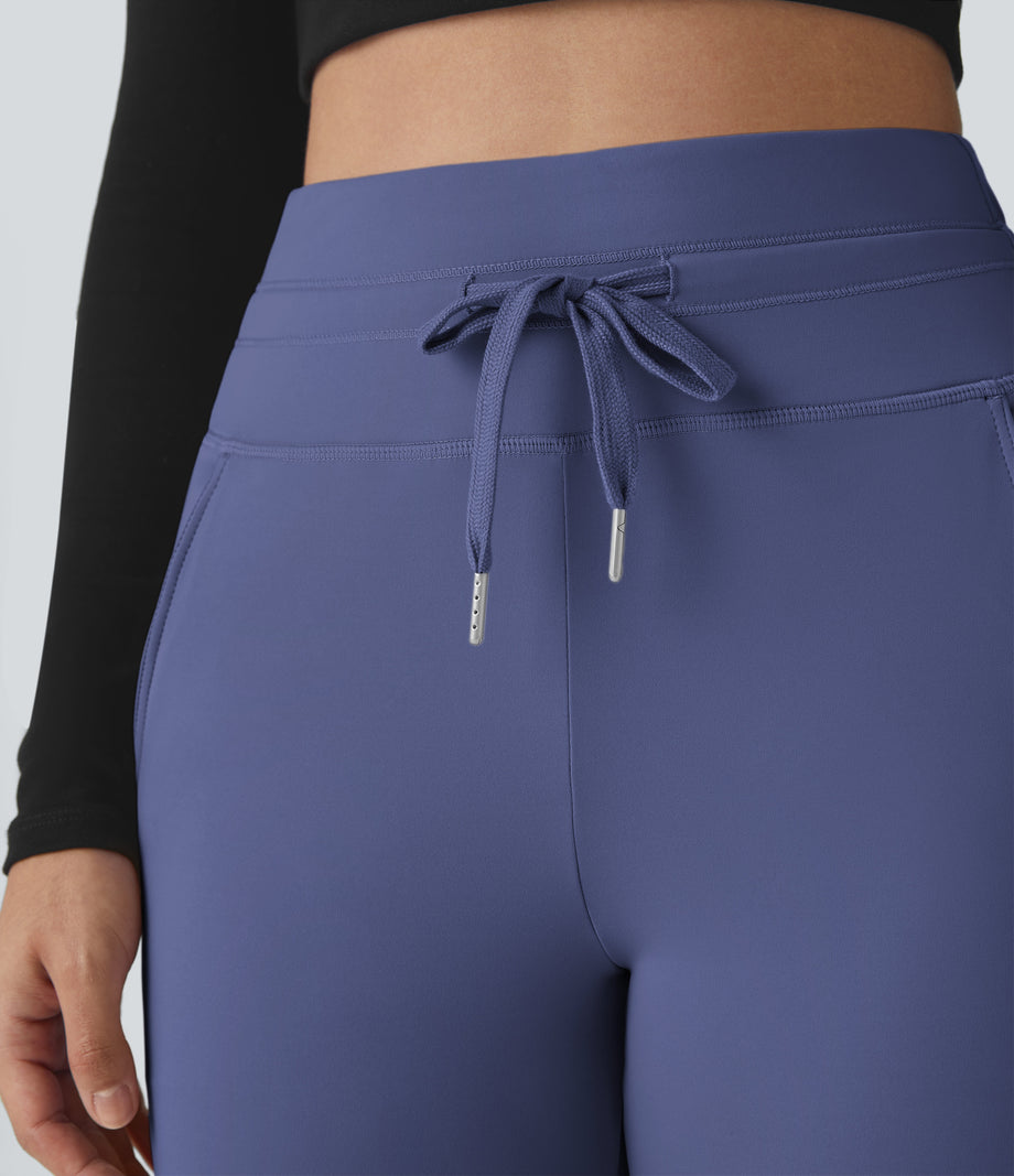 SoftlyZero™ Plush High Waisted Drawstring Pocket Plain Full Length Joggers - Dusky Blue