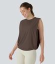 Round Neck Ruched Cool Touch Yoga Tank Top-UPF50+ - Chocolate Martini