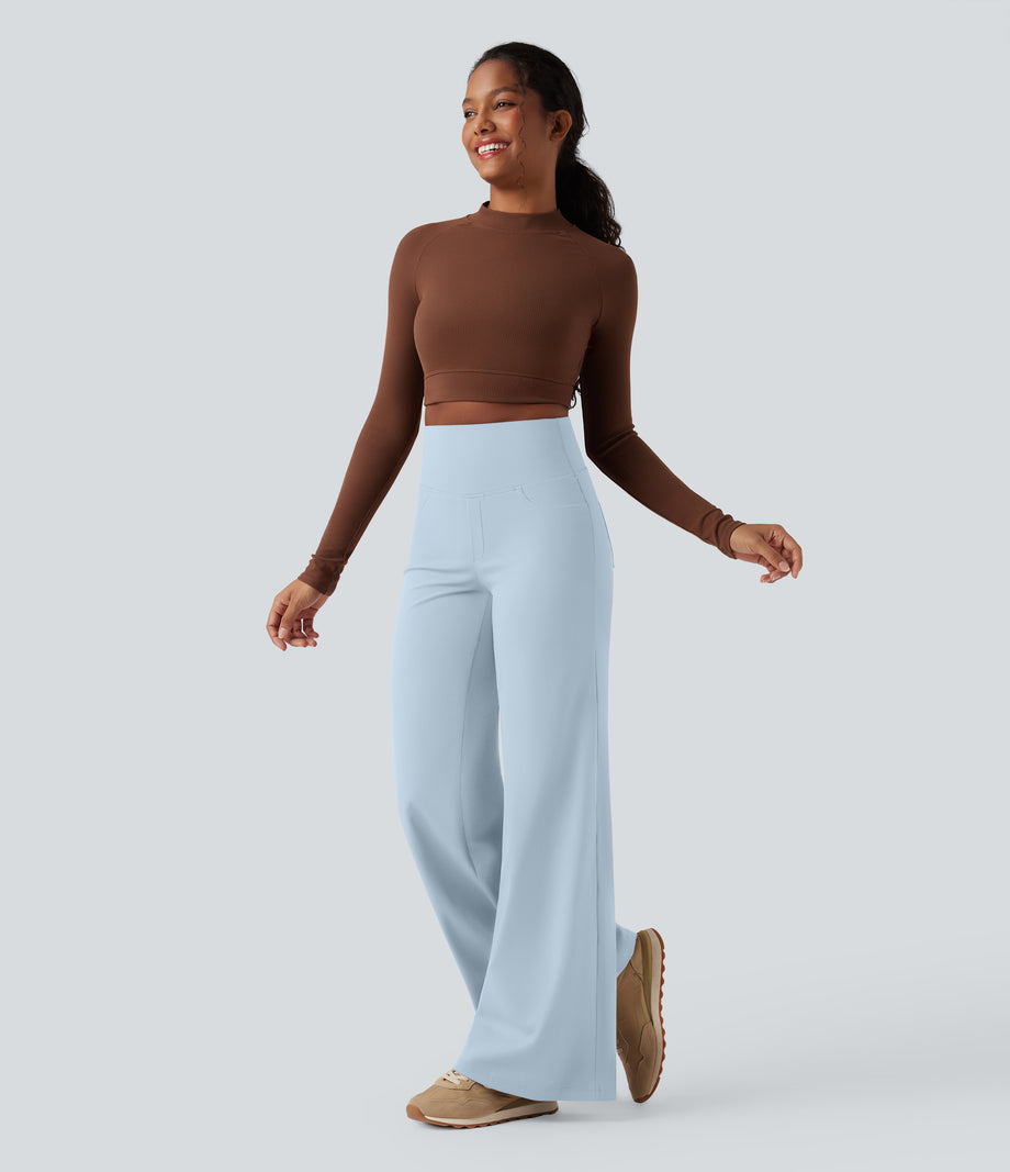 DayStretch High Waisted Tummy Control Wide Leg Baggy Yoga Pants with Pockets - Baby Blue